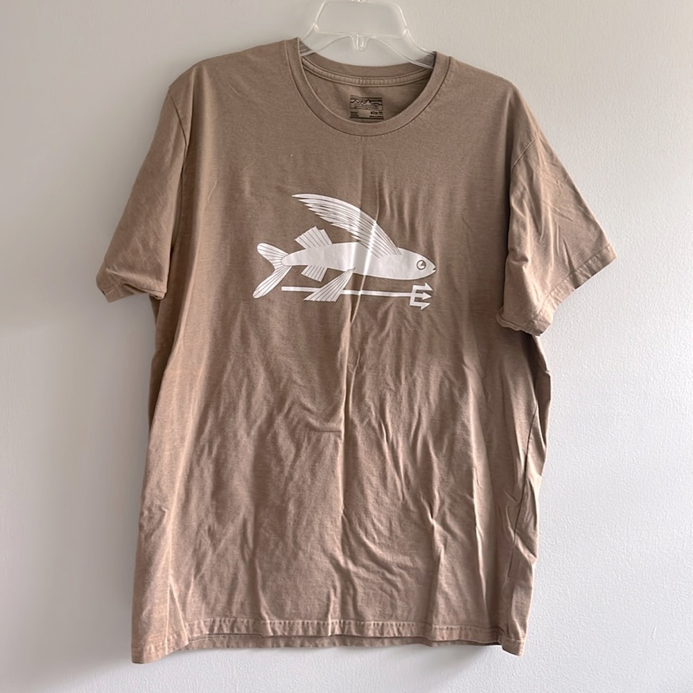 Patagonia men’s tan tee with fish and trident graphic